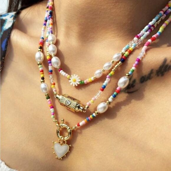 Colorful Beaded Necklace Heart Pendant N819 - Picture 3 of 8